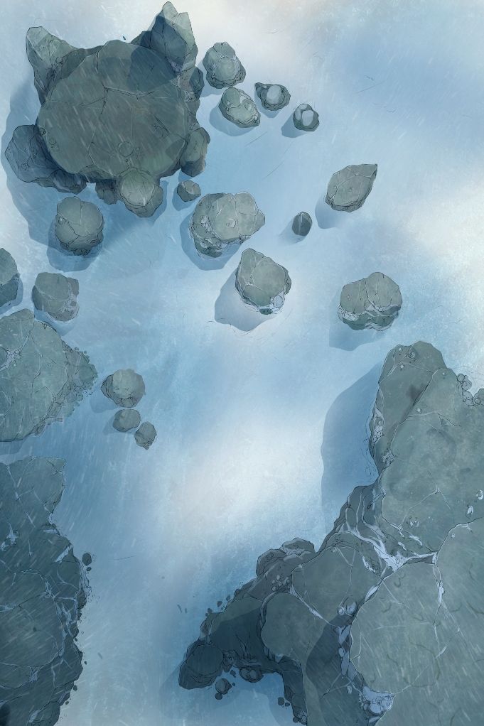 A hand drawn battlemap of a cove frozen in ice. 
