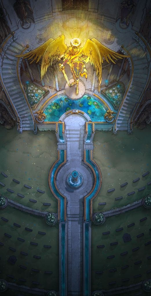 A hand drawn battlemap of an imperial graveyard bathed in angelic light.