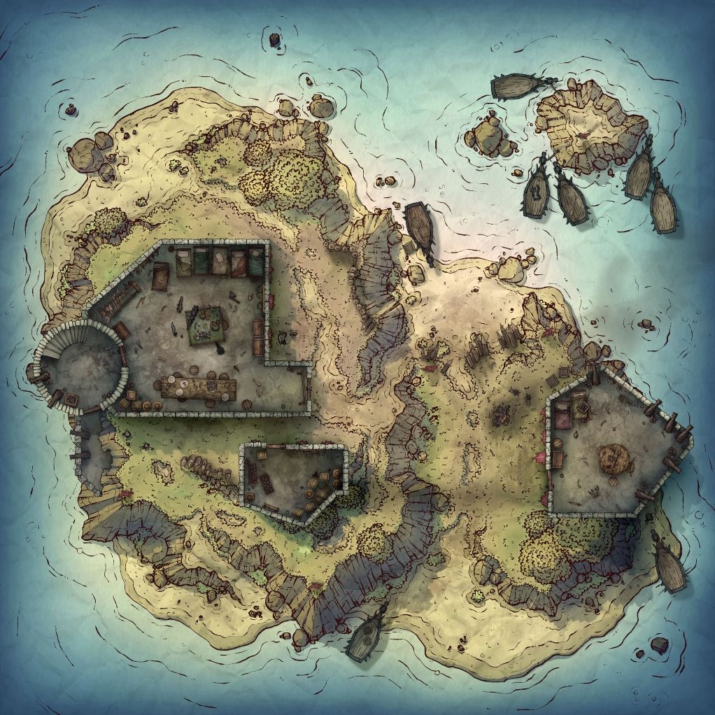 A hand drawn battlemap of a goblin fort on a small island.