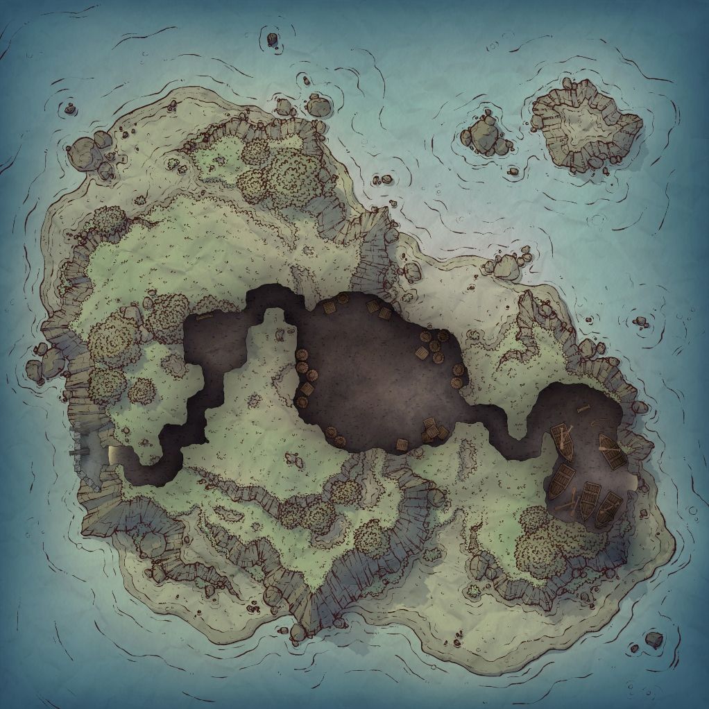 A hand drawn battlemap of the same goblin fort on a small island, but now showing the underground tunnels beneath it.