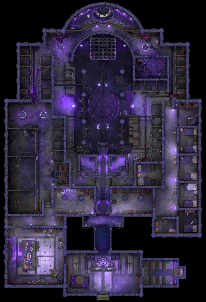 A hand drawn battlemap of an old jail bathed in purple light.
