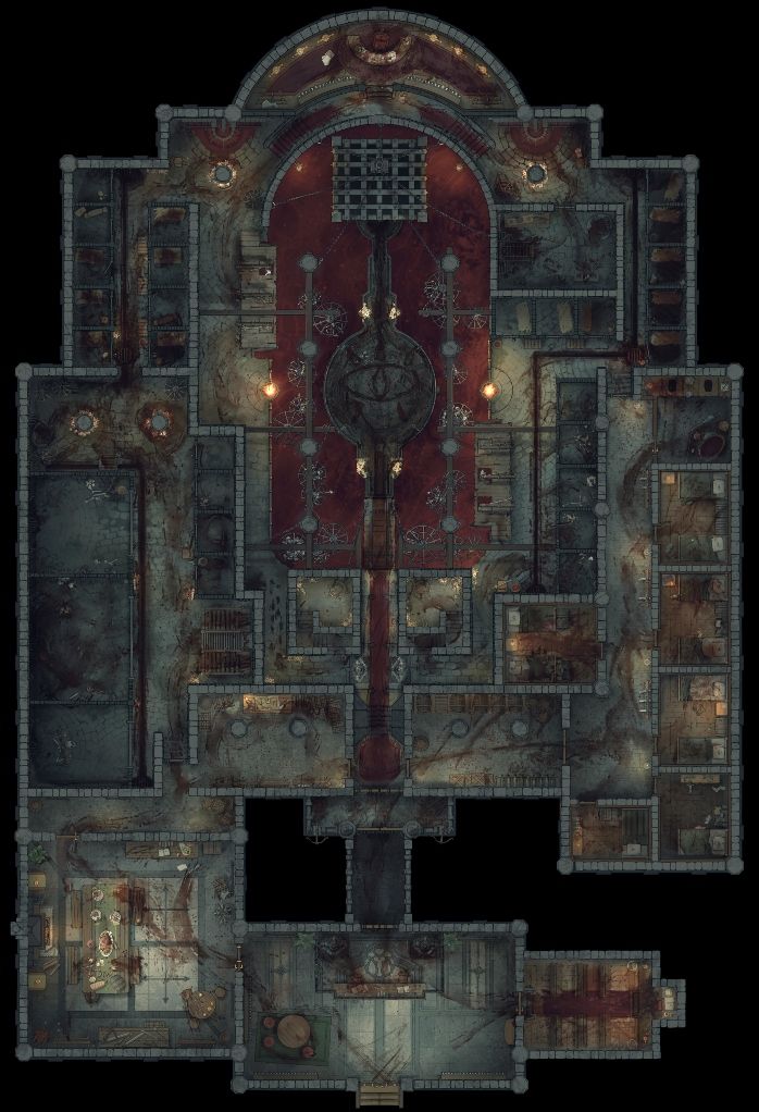 A hand drawn battlemap of an old jail after a massacre with blood-soaked floors.