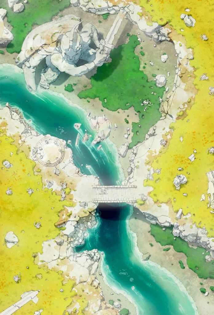 A hand drawn battlemap of a winding river and a small bridge in the shadow of a giant stone statue of a knight wielding their sword.