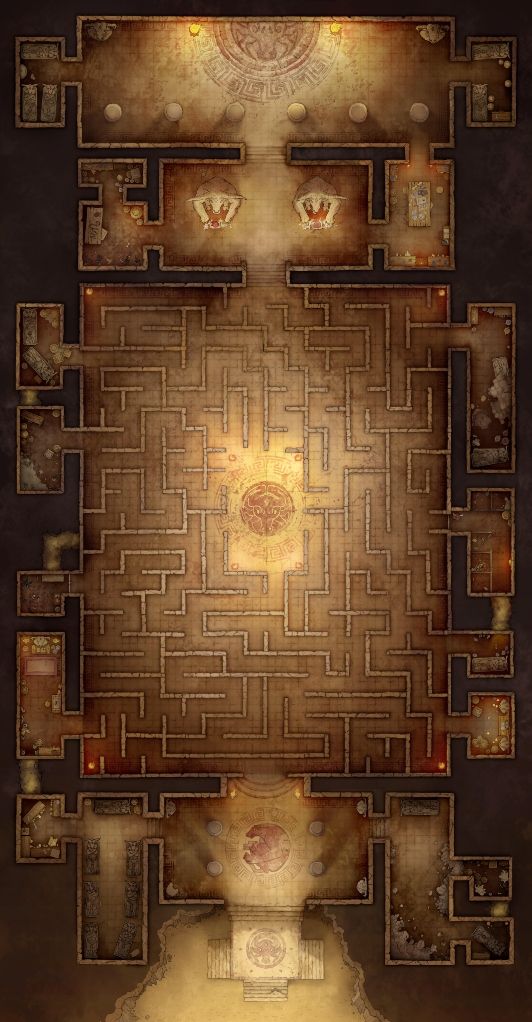 A hand drawn battlemap depicting a Greek mythology inspired complex maze with blood soaked floors.