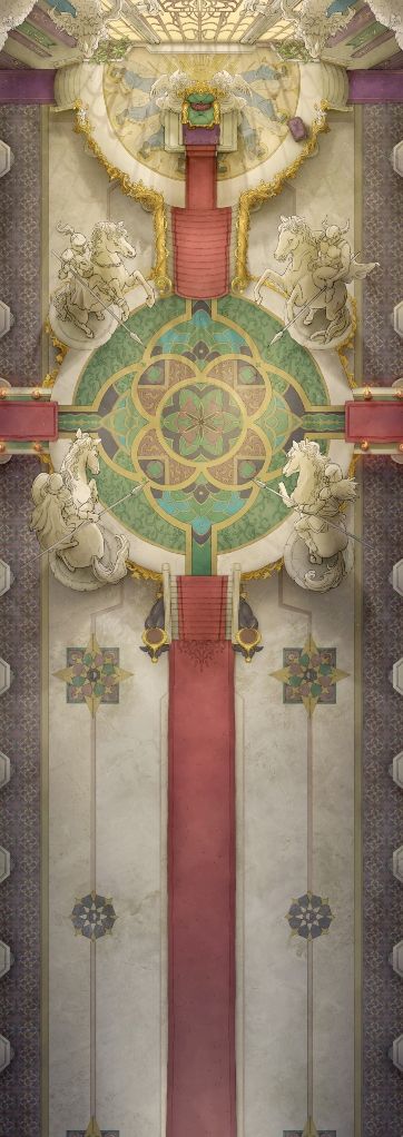 A hand drawn battlemap showing a large marbled throne room with a long red carpet leading to a royal throne.