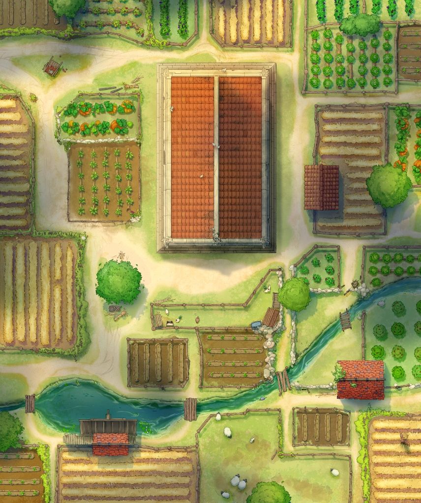 A hand drawn battlemap of a temple in a rural landscape, surrounded by fields and a quiet river.