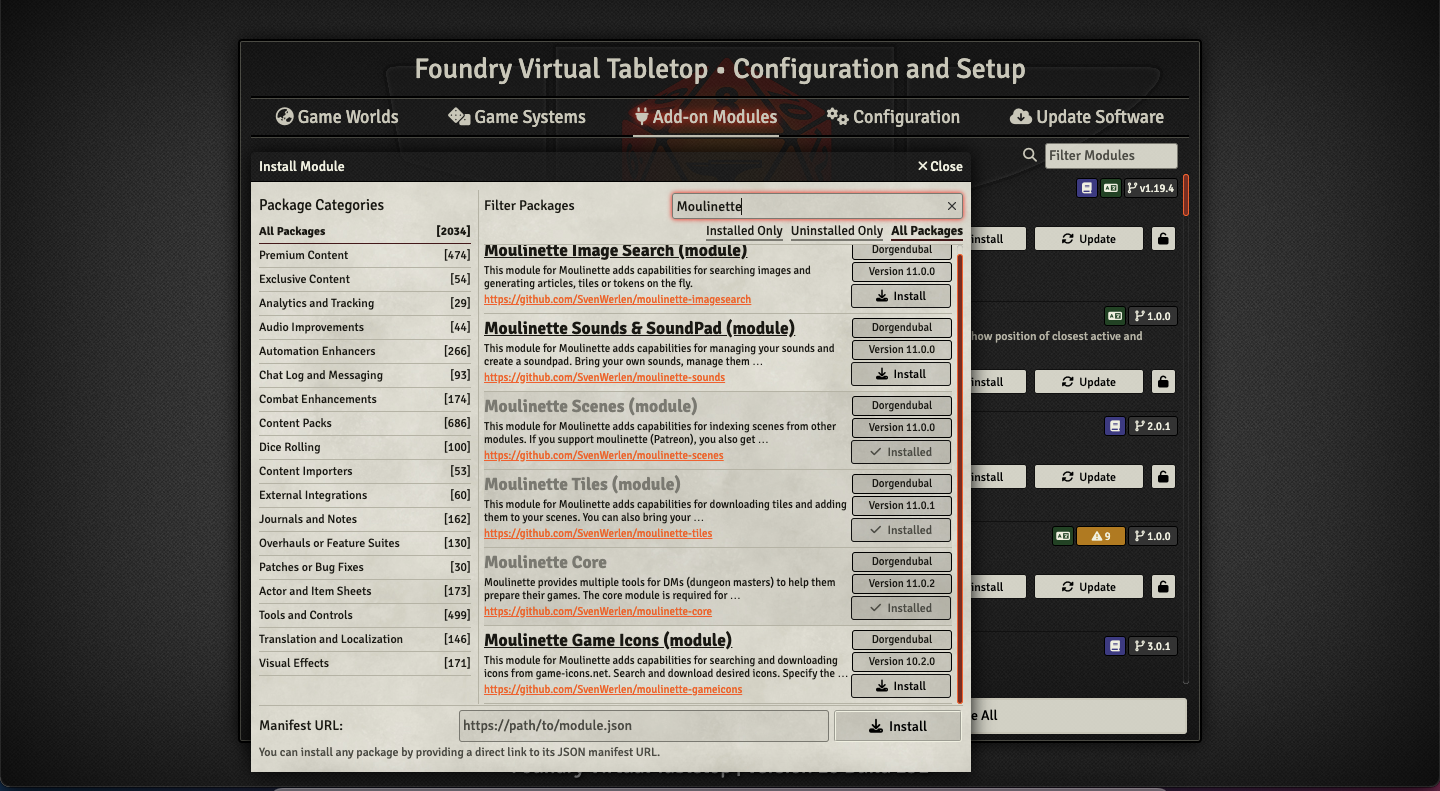 A screenshot capturing the module add-ons search page on Foundry VTT.