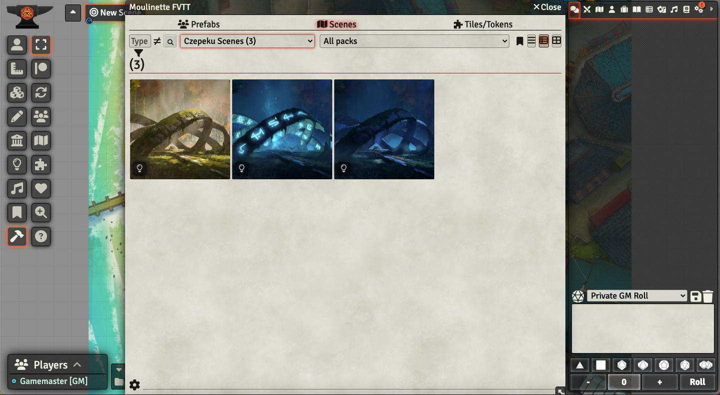 A screenshot of Foundry VTT with the Czepeku map selection tool.