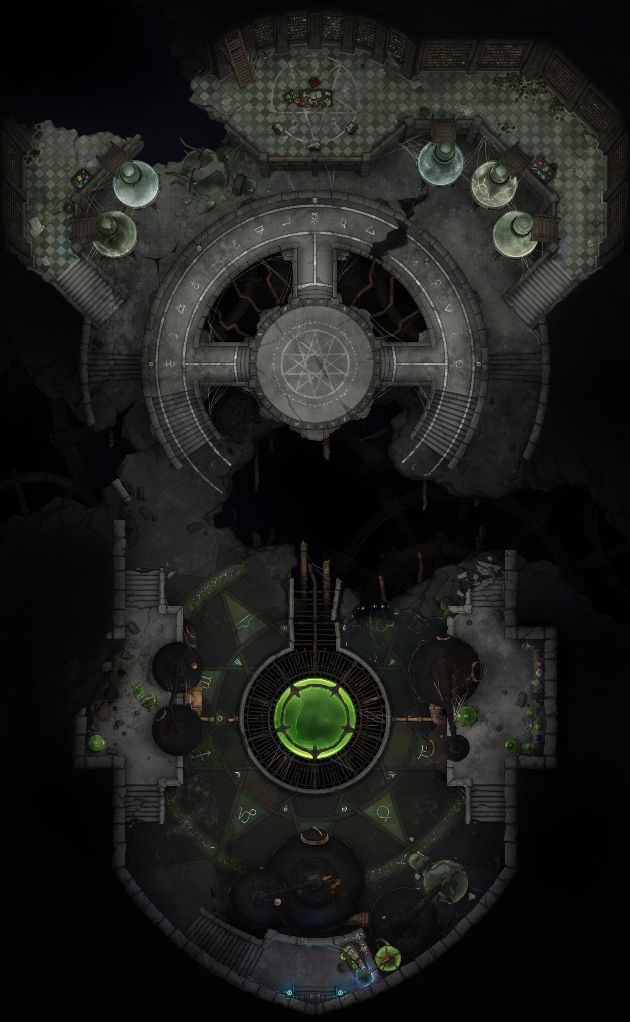 A hand drawn battlemap of a dark and abandoned dungeon alchemy laboratory.