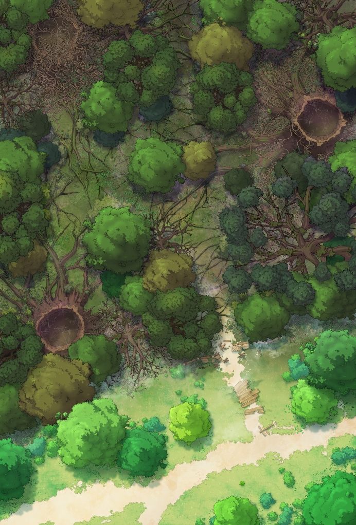 A hand drawn battlemap depicting the sunny edge of a dark and gloomy woods.