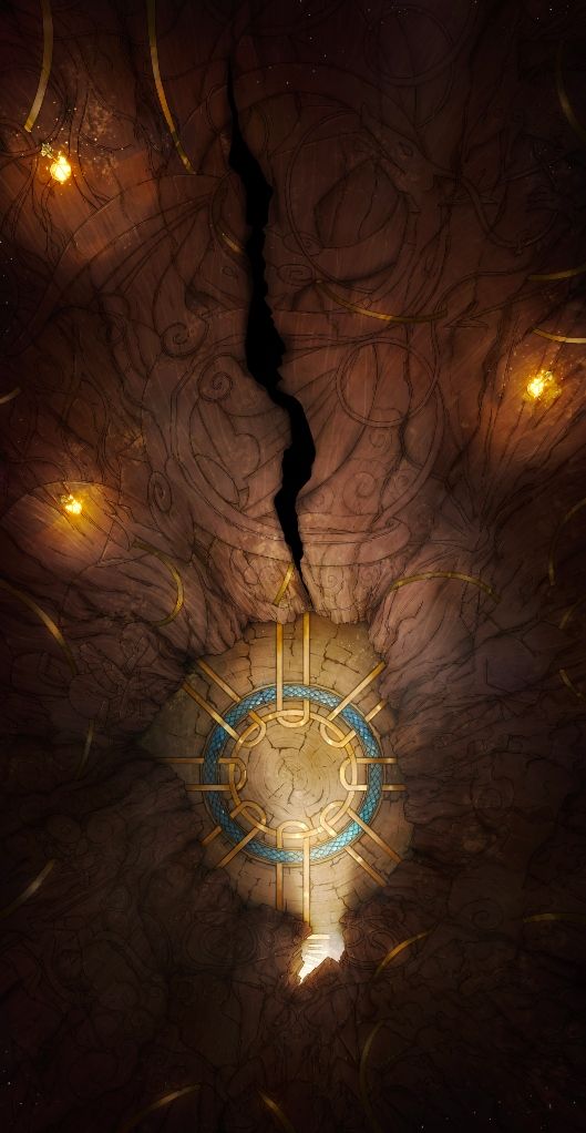 A hand drawn battle map of a darkly lit cavern with a large jagged crack through the rock.