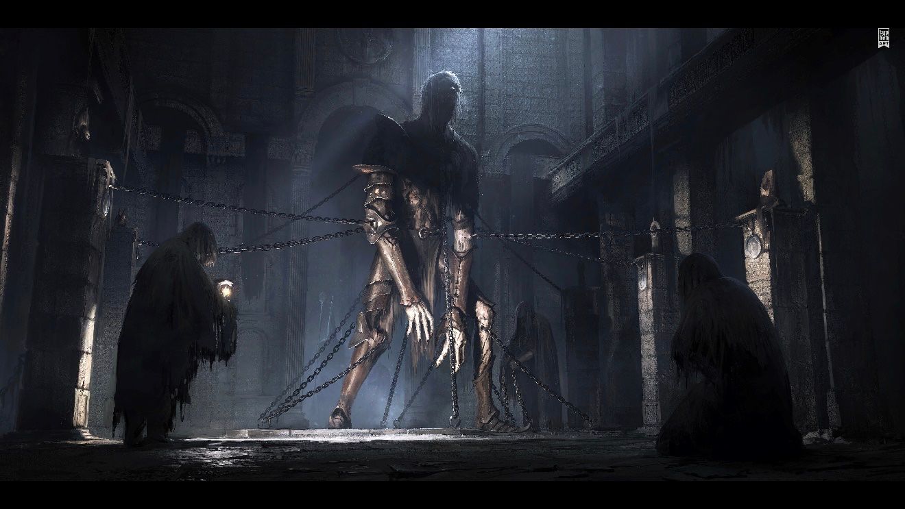 A painting of the Eschatos bound by chains in a darkly lit prison.