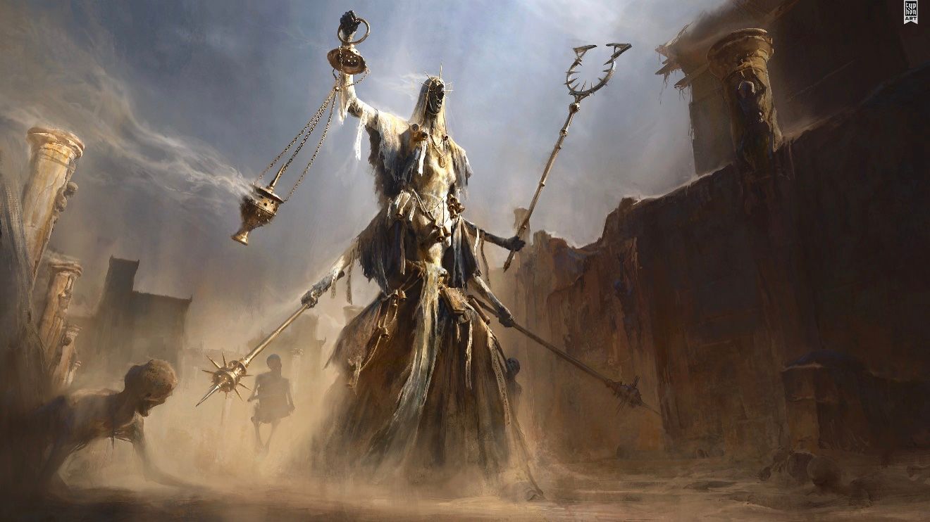 A painting of The Walker of the Wastes striding though a town.