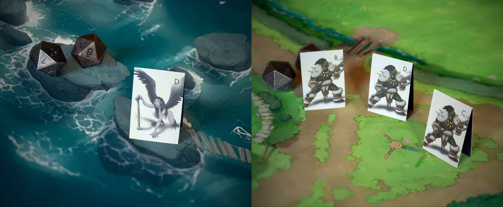 Two photographs showing Tome of Summoning paper mini creatures on various Czepeku battlemaps.