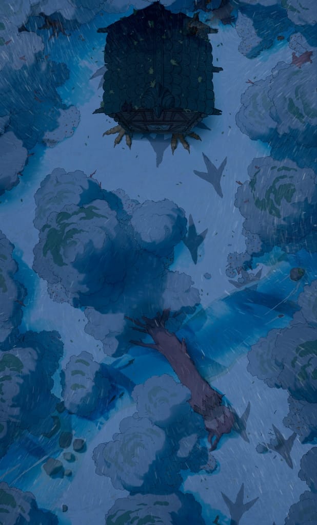 A hand drawn battlemap of a magical cabin with large chicken's feet standing in a snowy forest at night.