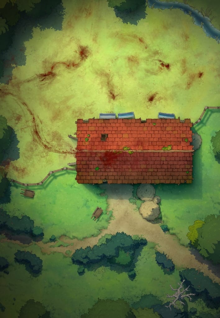 A hand drawn battlemaps of an old barn in the countryside, surrounded by bloodied ground after an attack.