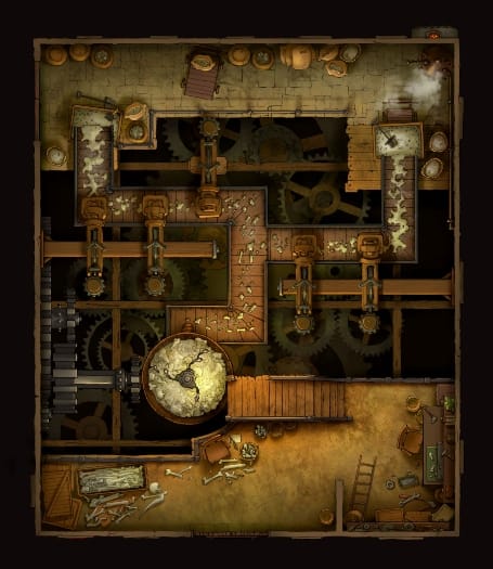 A hand drawn battlemap of a bone grinding factory with conveyor belts and crunching milling stones.