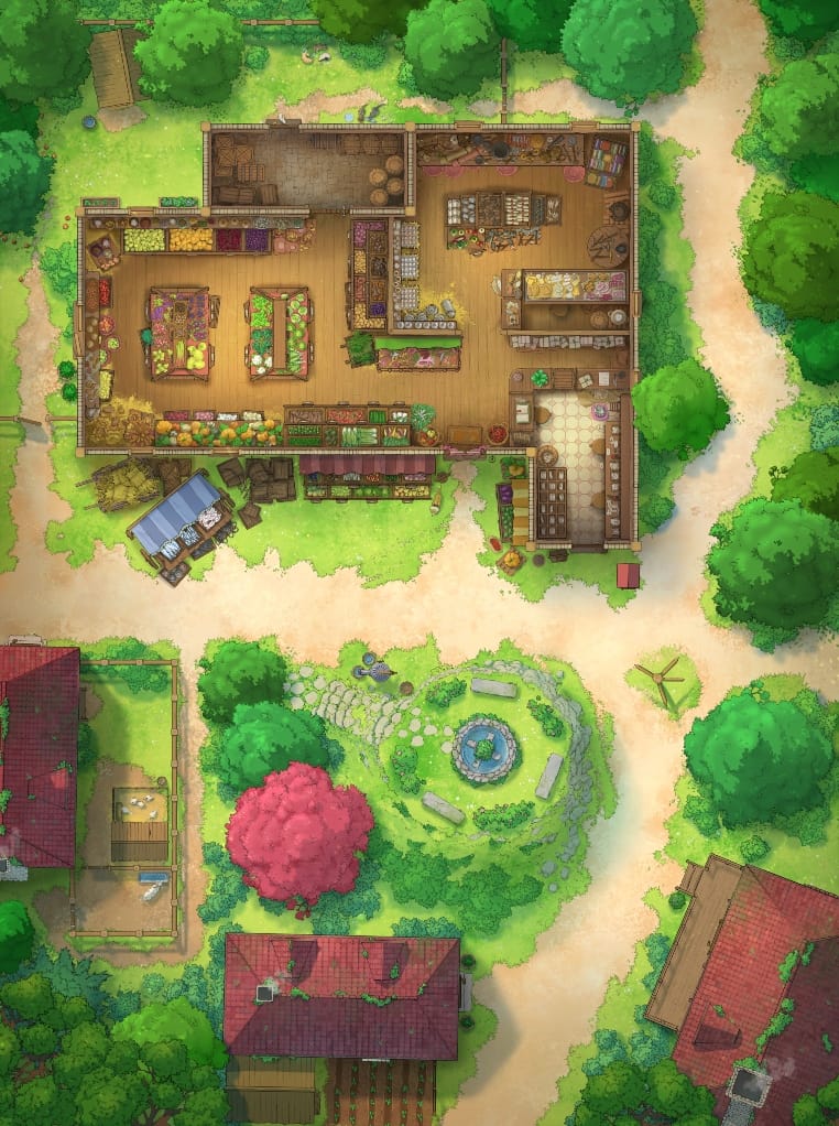 A hand drawn battlemap of the interior and exterior of a village grocery store, with shelves of produce and racks of storage..