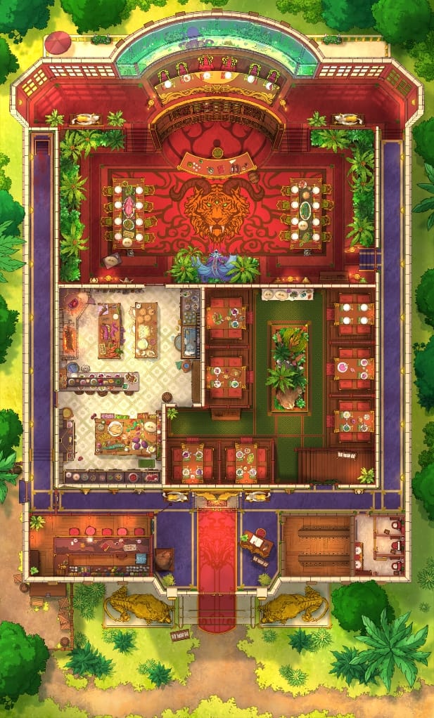 A hand drawn battlemap of a vibrant and colourful, fantasy restaurant. 