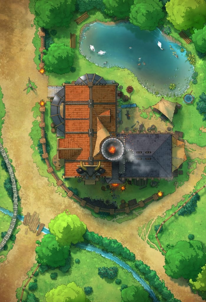A hand drawn battlemap of a small village blacksmiths in a sunny and peaceful village.