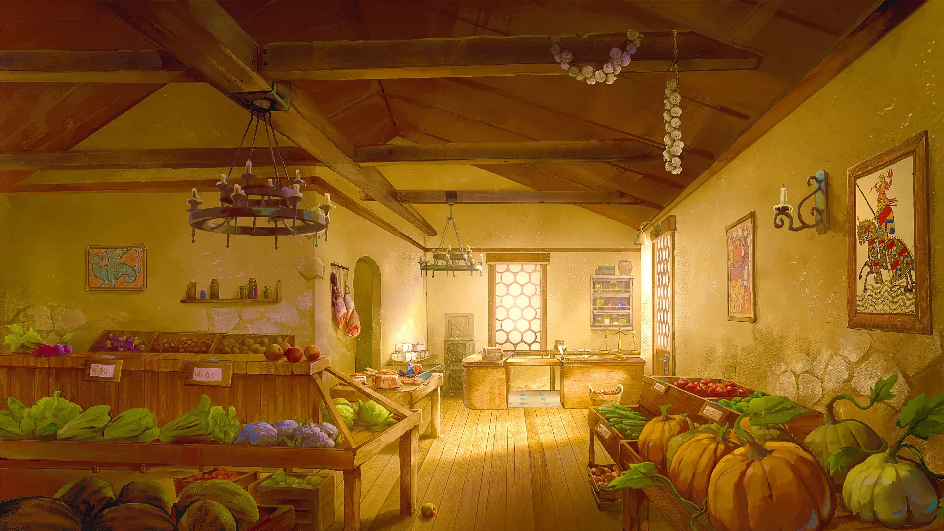 A hand drawn cinematic scene depicting the interior of a well-stocked, village greengrocers with sunlight coming through the windows.