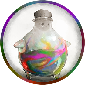 A hand painted token of the Chromunculus, a magical construct in the shape of a potion bottle.