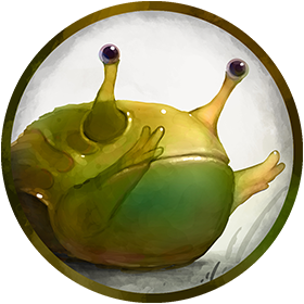 A hand painted token of a large slug with two arms for hugging.