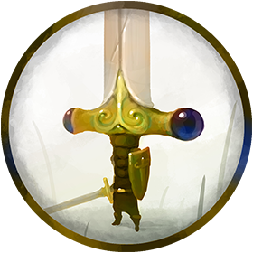A hand painted token of a critter called Sword Sword, with a face within its hilt and arms and legs on the handle.