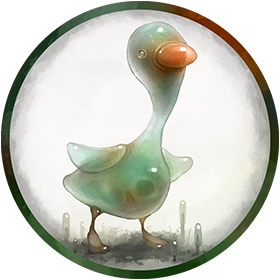 A hand painted token of a Gooze, a goose-like critter made of gooey acid.
