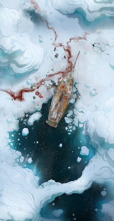 Arctic Expedition - Blood Trail Battlemap depicting a single masted ship trapped on ice. A trail of red blood leads from the left side of the map, past a campsite and the ship, and off the top of the map.