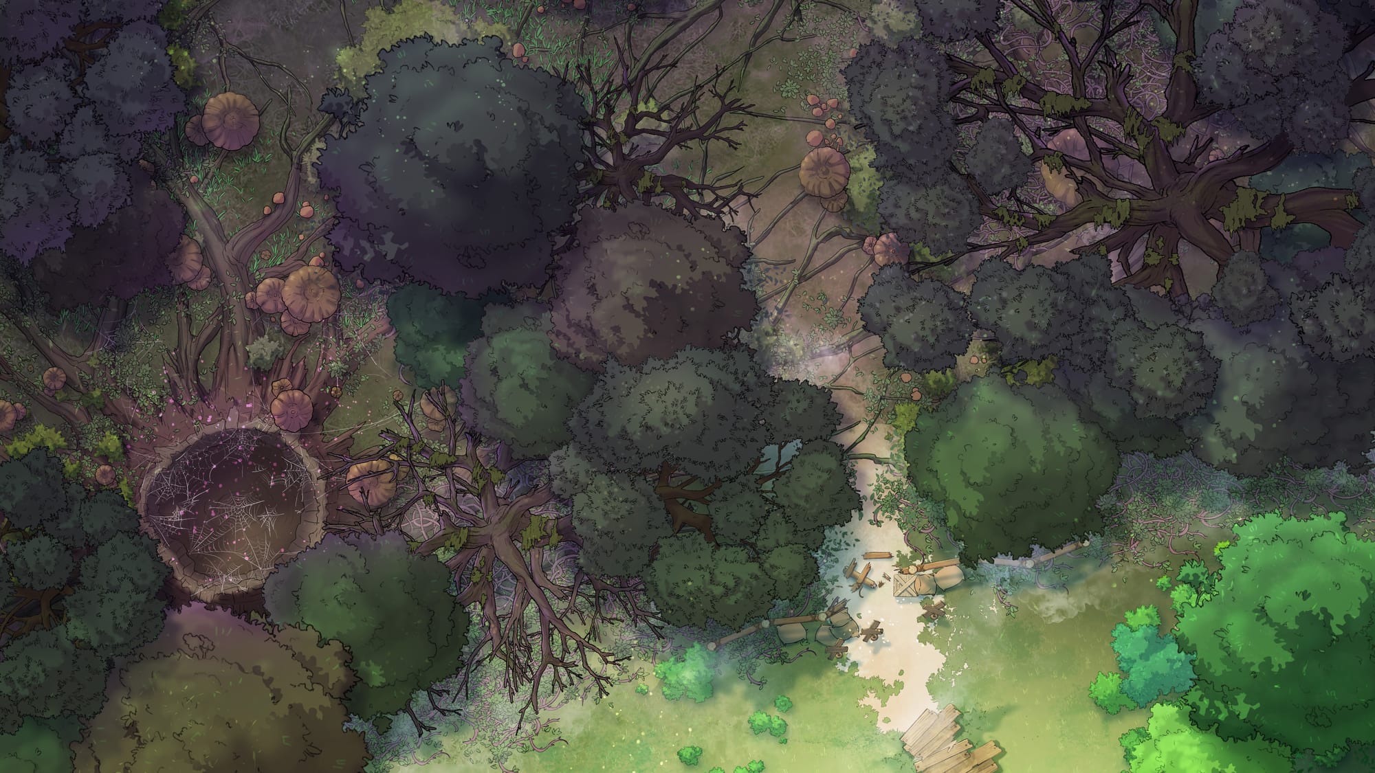 A bright green path enters a dark, root-filled forest, with mushrooms and moss.