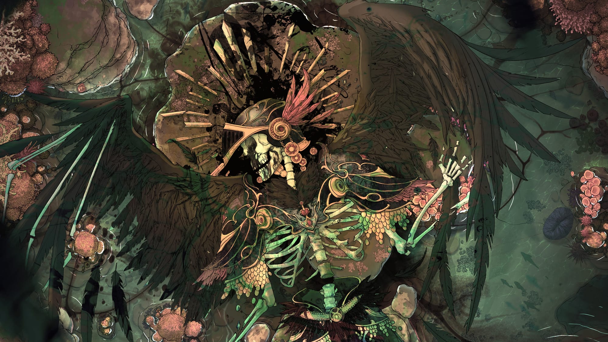 The torso, head, and wings of a fallen angel are slowly being overtaken by coral and stagnant water.