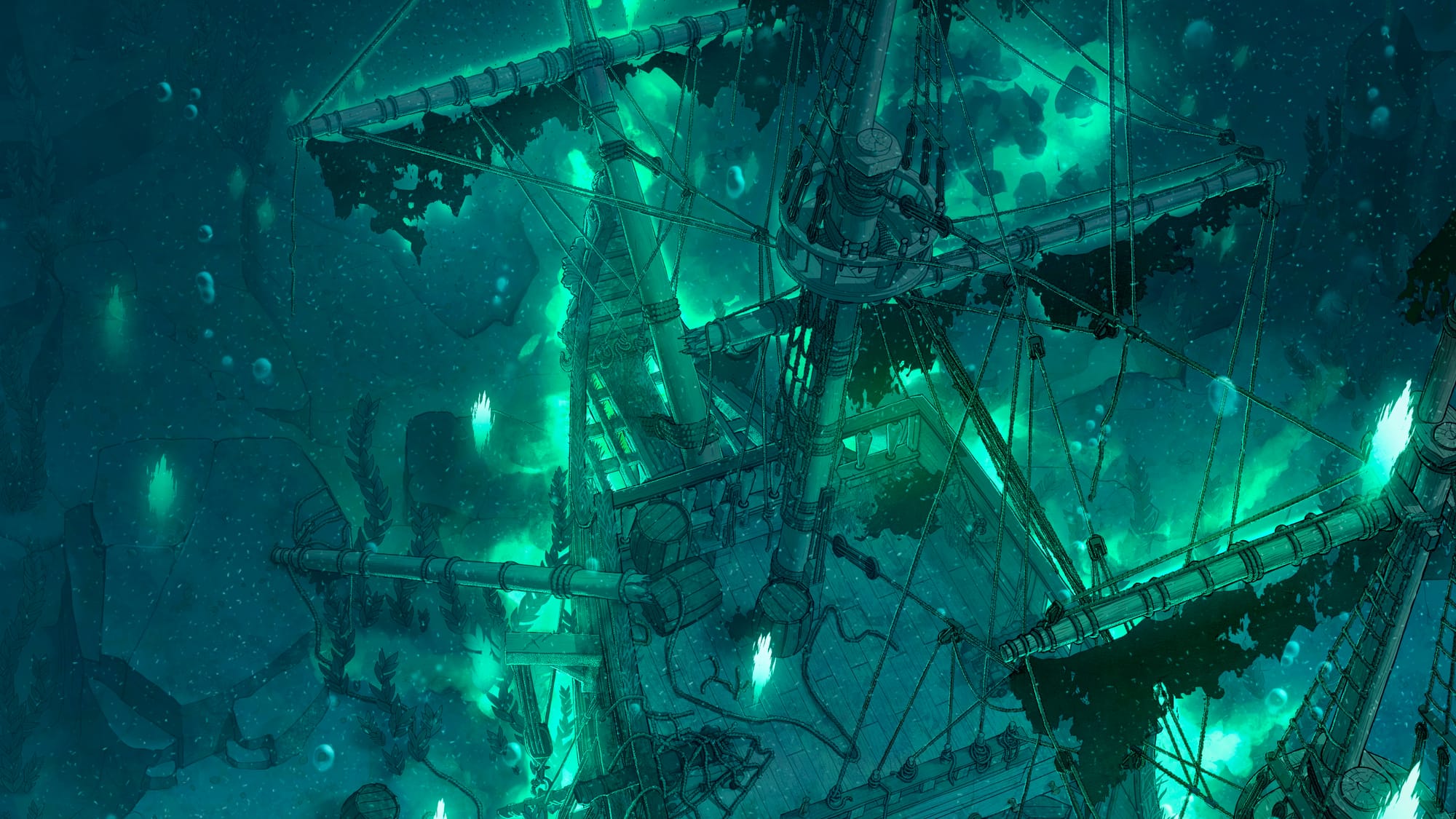 Green, ghostly lights surround a sunken ship with tattered sails and broken masts.