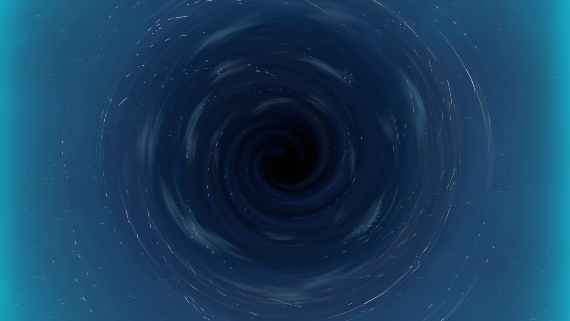 A dark whirlpool spins in a blue sea.