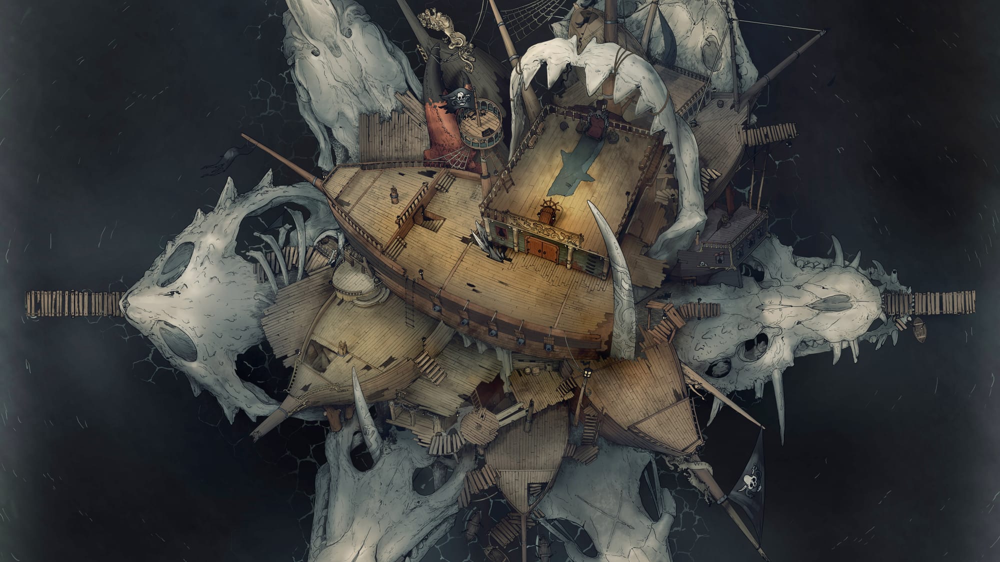 Giant skulls act as docks upon which five large ships are stacked.