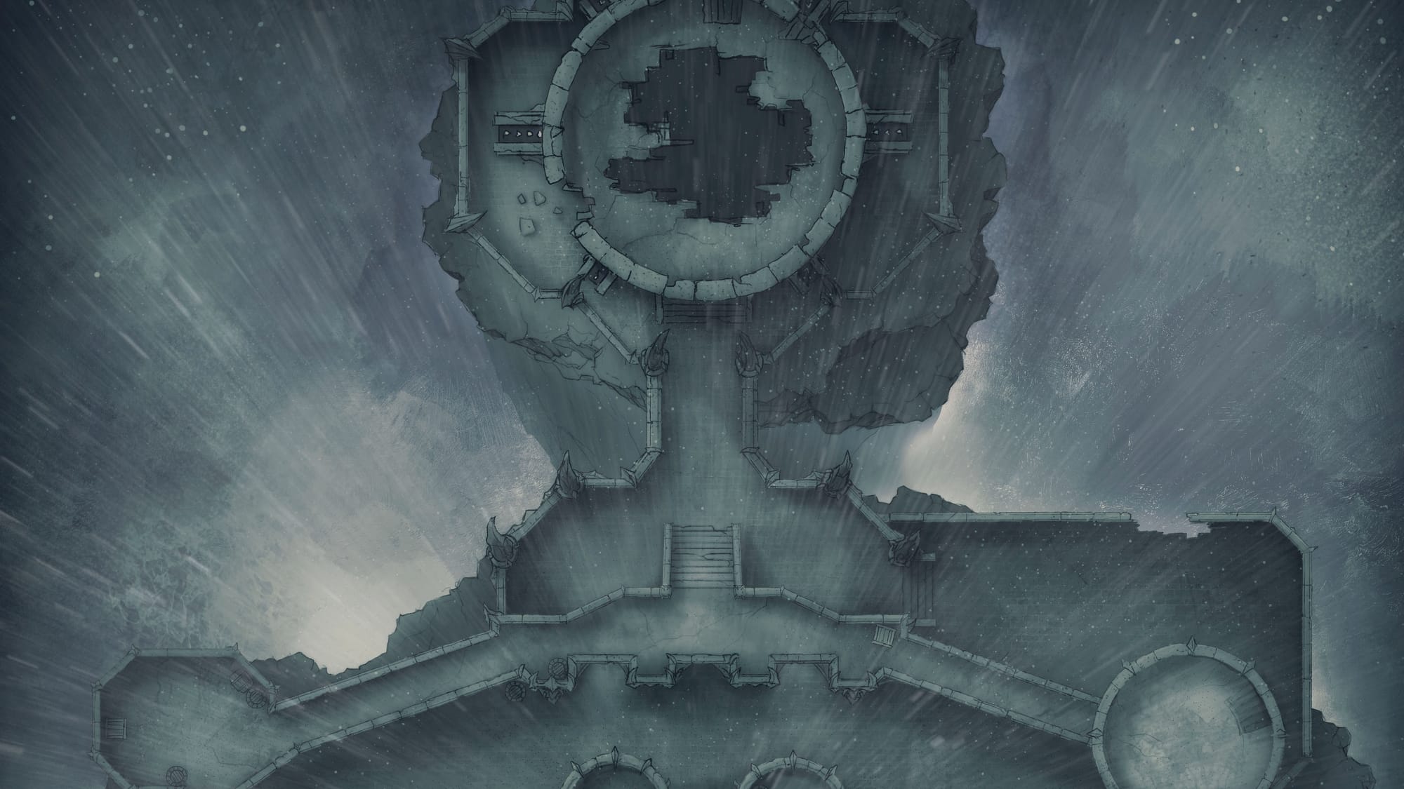 Rain falls over a gray stone fortress. Steps from a rampart lead into a round building.
