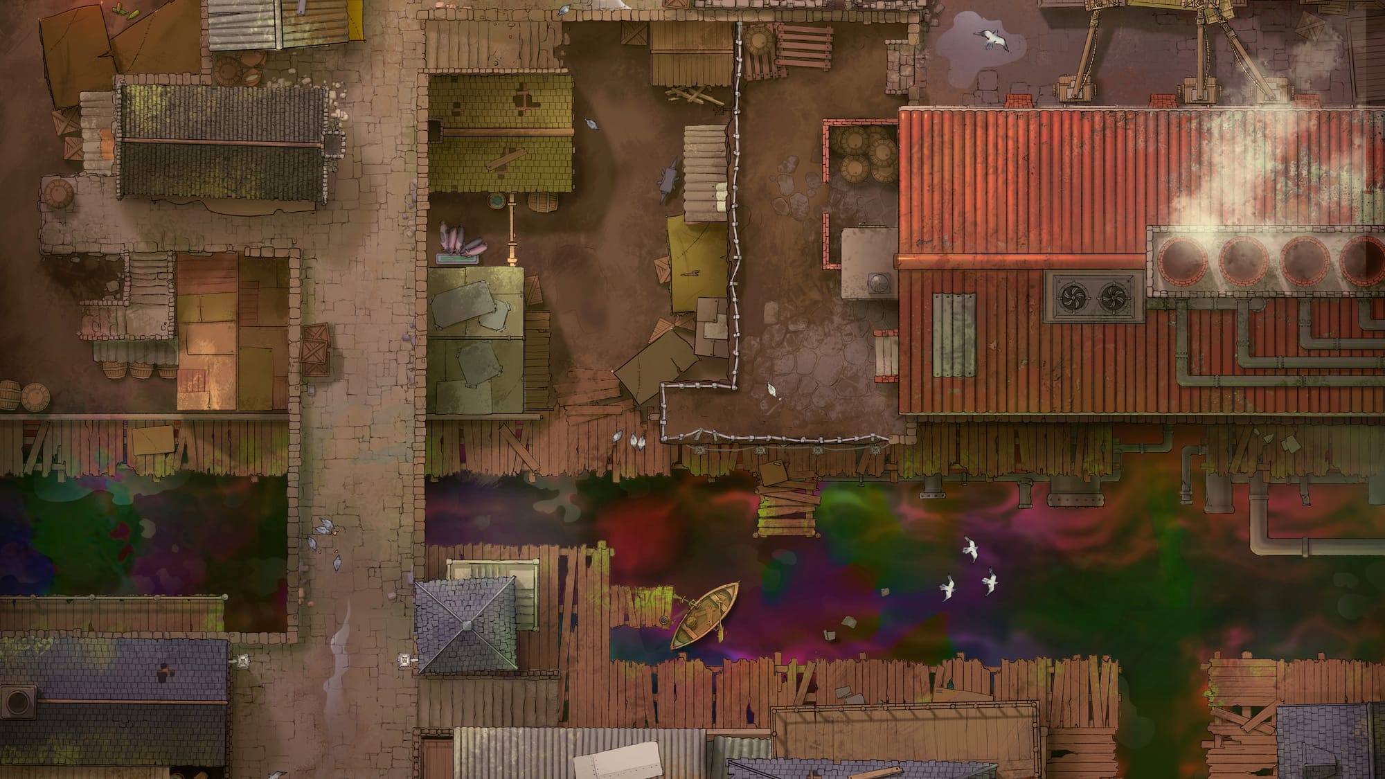 Run down buildings and decrepit docks surround channels of murky, rainbow-swirled waters.