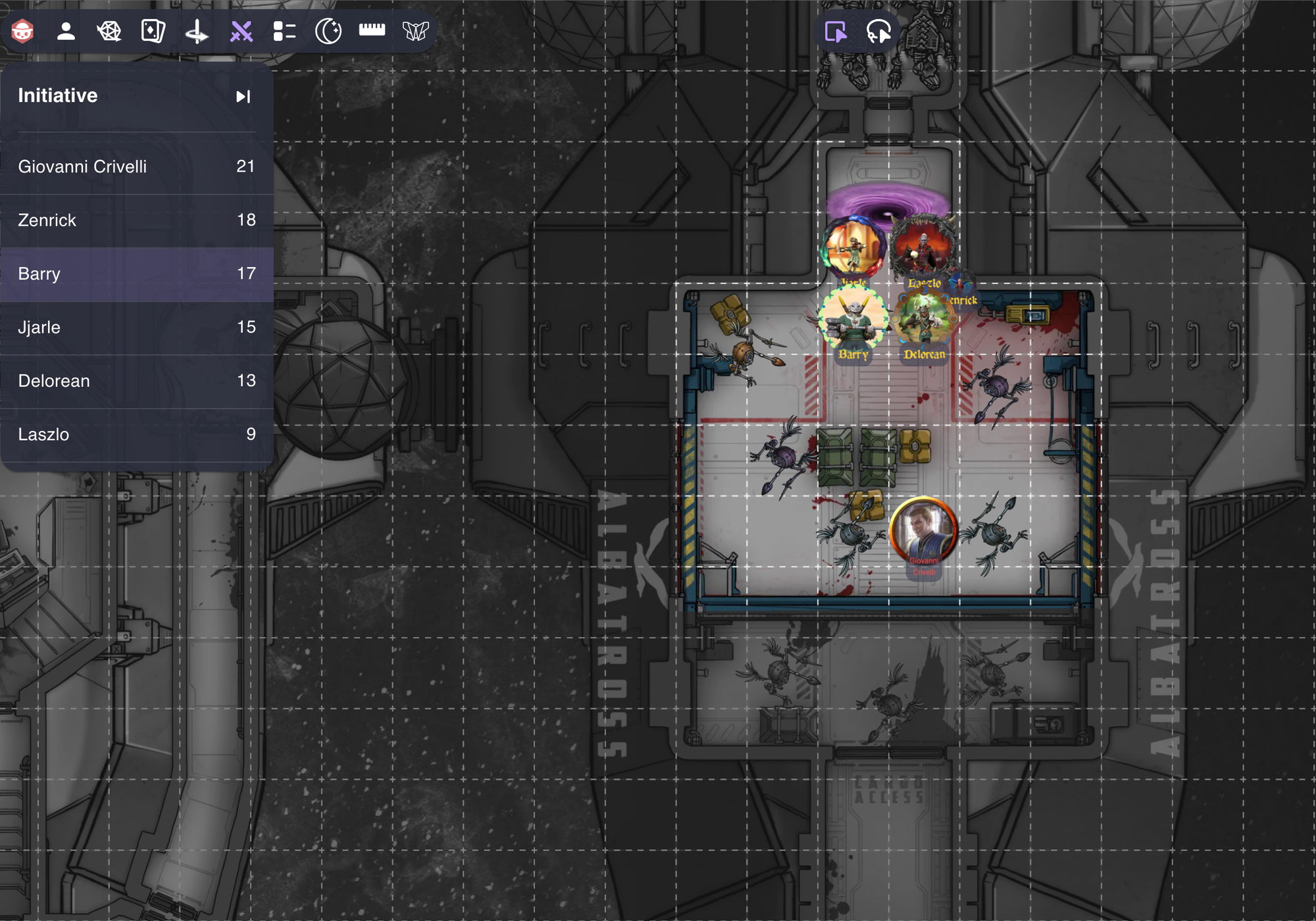 Five image tokens on a grid over a ship battle map. On the right is an initiative order list.