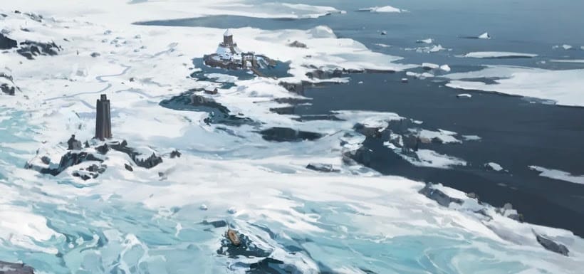 A painted scene showing a vista of a snowy landscape with various adventure locations like a shipwreck, tower, and castle.