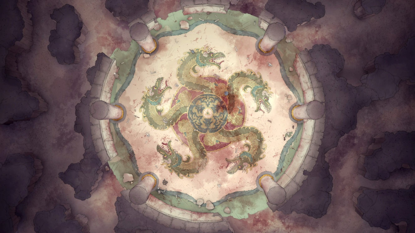 Traverse through a labyrinth of caves to find the imposing stone pillars and a five-headed dragon mosaic.