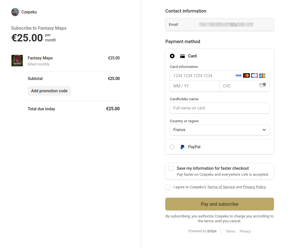 Payment page for subscription showing selected billing options on left and payment methods on right.