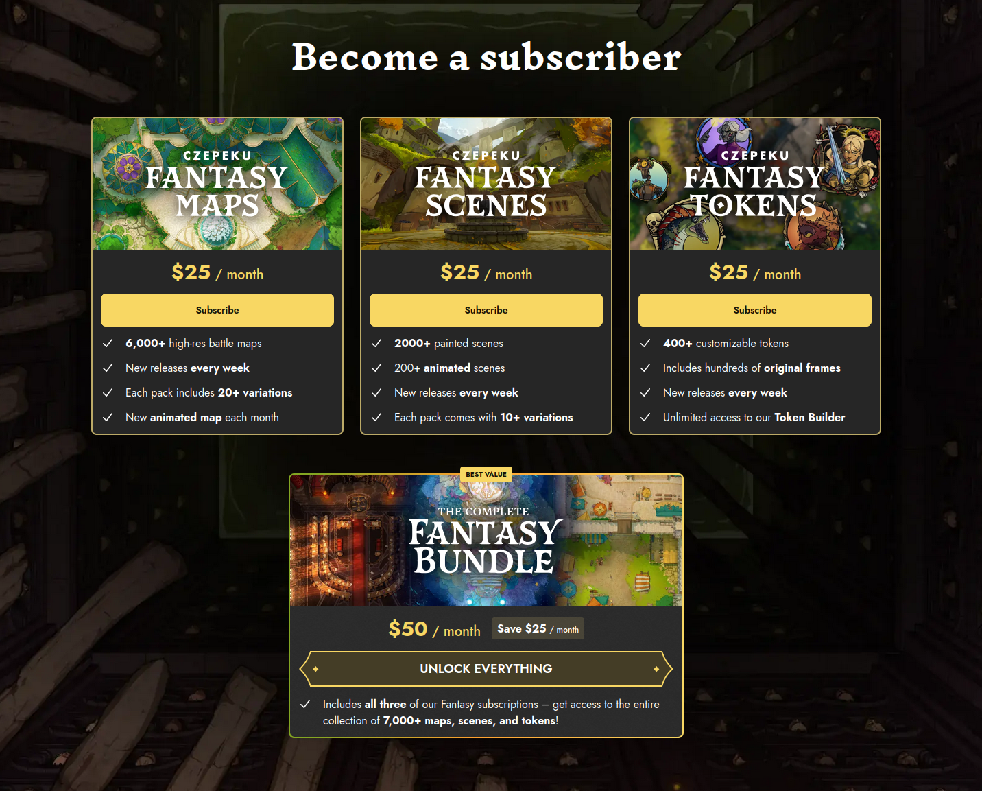 Become a Subscriber page showing the three individual Fantasy subscriptions: Maps, Scenes, and Tokens ($25 each per month) as well as the Fantasy Bundle that unlocks everything for $50 a month (saving $25 a month).