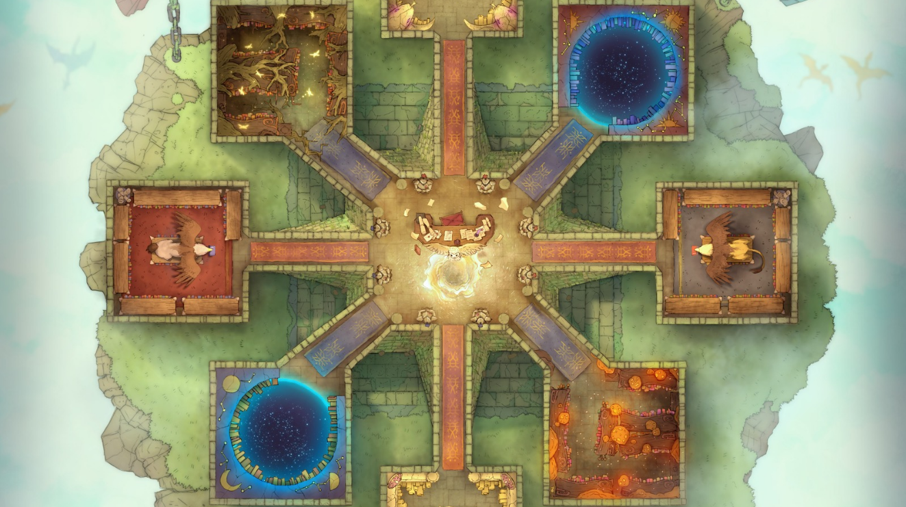 A wizard lair dungeon with 8 different strange chambers, each with some sort of arcane wonder.