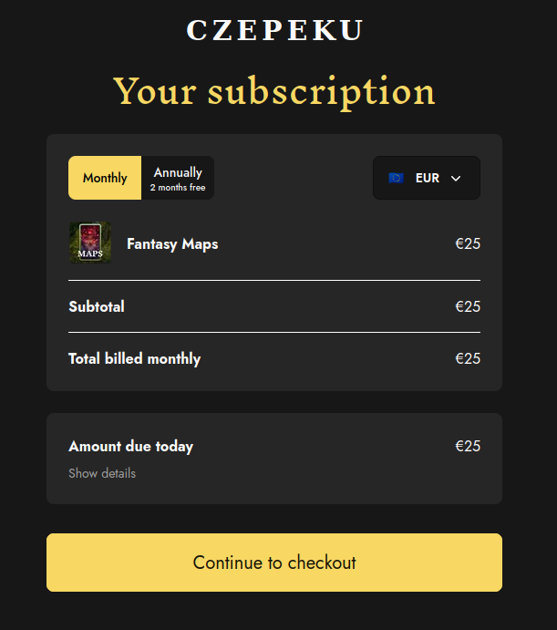 "Your subscription" window displaying the monthly and annual options, currency option, and Continue to checkout button.