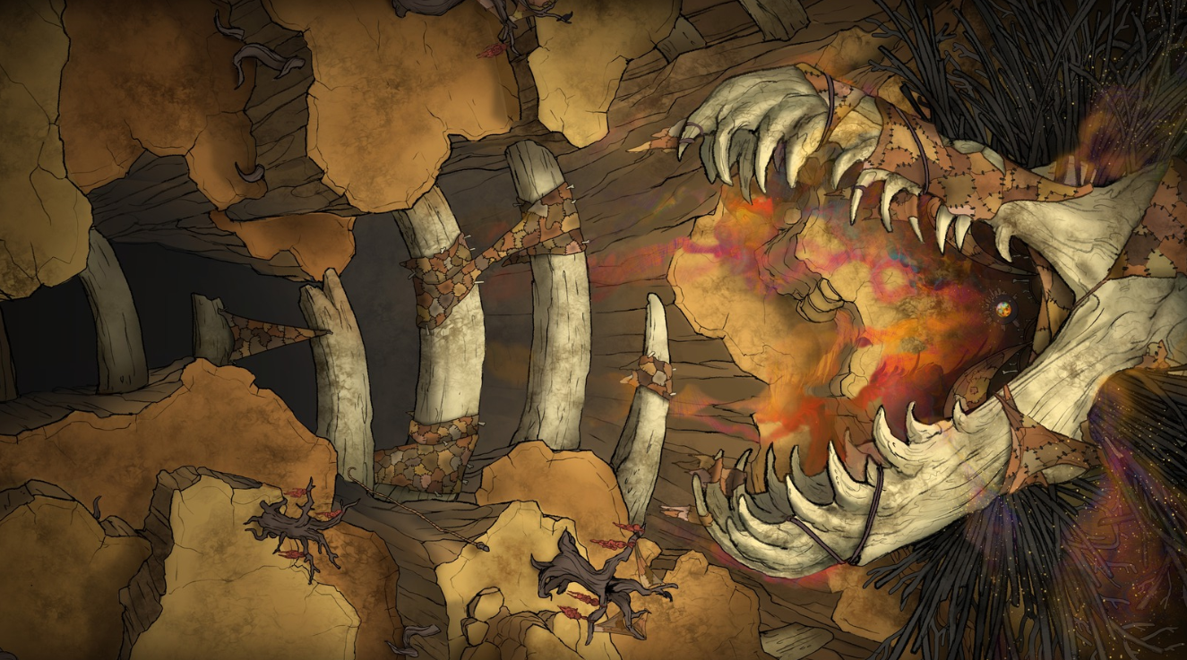 Ascend to the foreboding heights of the Annis Hag Lair, perched atop craggy, desolate cliffs. The lair is situated within the toothy, skeletal maw of a giant creature. Tattered cloths, craggy trees, and a treacherous climb make this battlemap perfect for an encounter with a malevolent witch who creates curses and eldritch potions. 