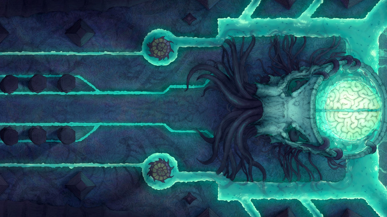 A D&D battlemap featuring a gigantic Elder Brain as the centerpiece.