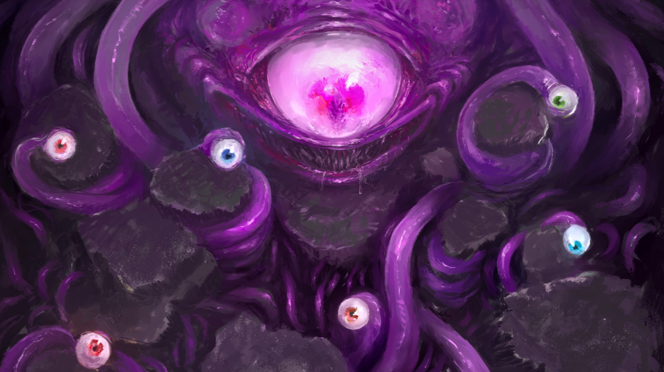 A D&D battlemap featuring a beholder god with a giant eye and ten tentacle eye-stalks, there's no escaping this monster.
