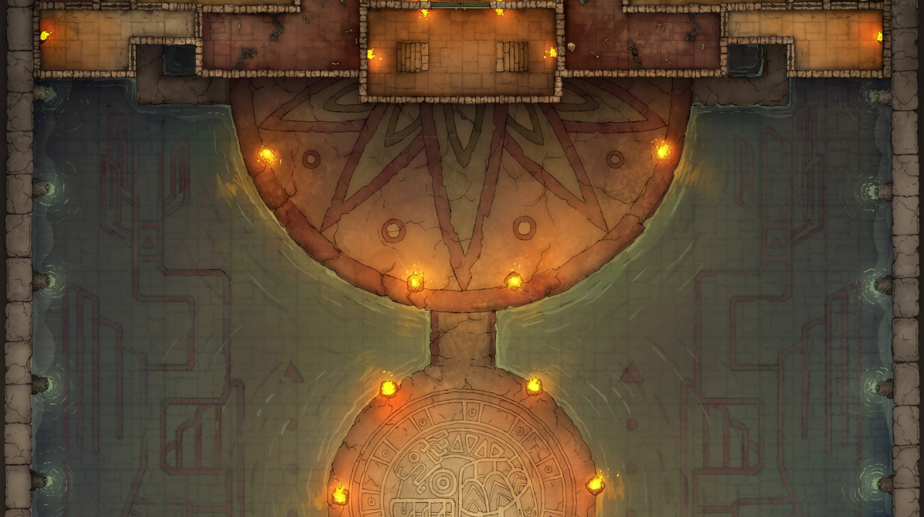 A D&D battlemap featuring the final level of a 4-level dungeon crawl through the Temple of the Couatl. This depicts the boss lair. The room has a central circular platform with a larger half-circle platform that leads to the center one. They are both surrounded by a big pool of water.