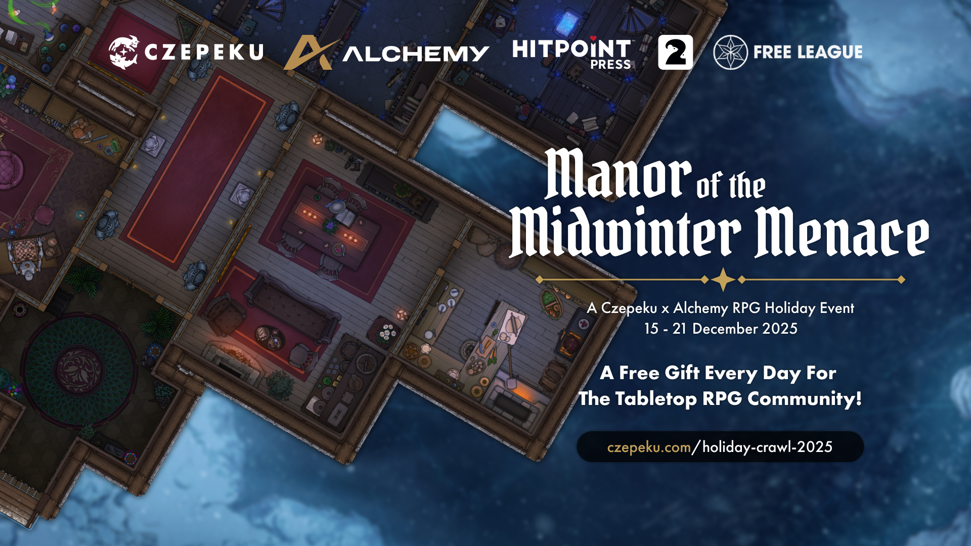 A graphic about our holiday event, Manor of the Midwinter Menace that runs from 15-21 December 2025. The image is of a manor ttrpg battlemap with a wintry background. 