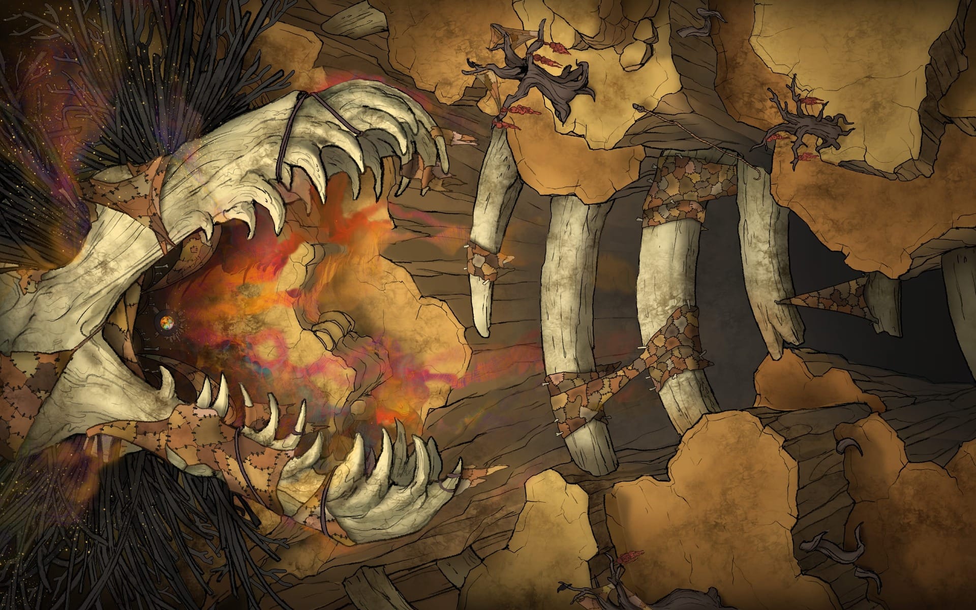 Ascend to the foreboding heights of the Annis Hag Lair, perched atop craggy, desolate cliffs. The lair is situated within the toothy, skeletal maw of a giant creature. Tattered cloths, craggy trees, and a treacherous climb make this battlemap perfect for an encounter with a malevolent witch who creates curses and eldritch potions.
